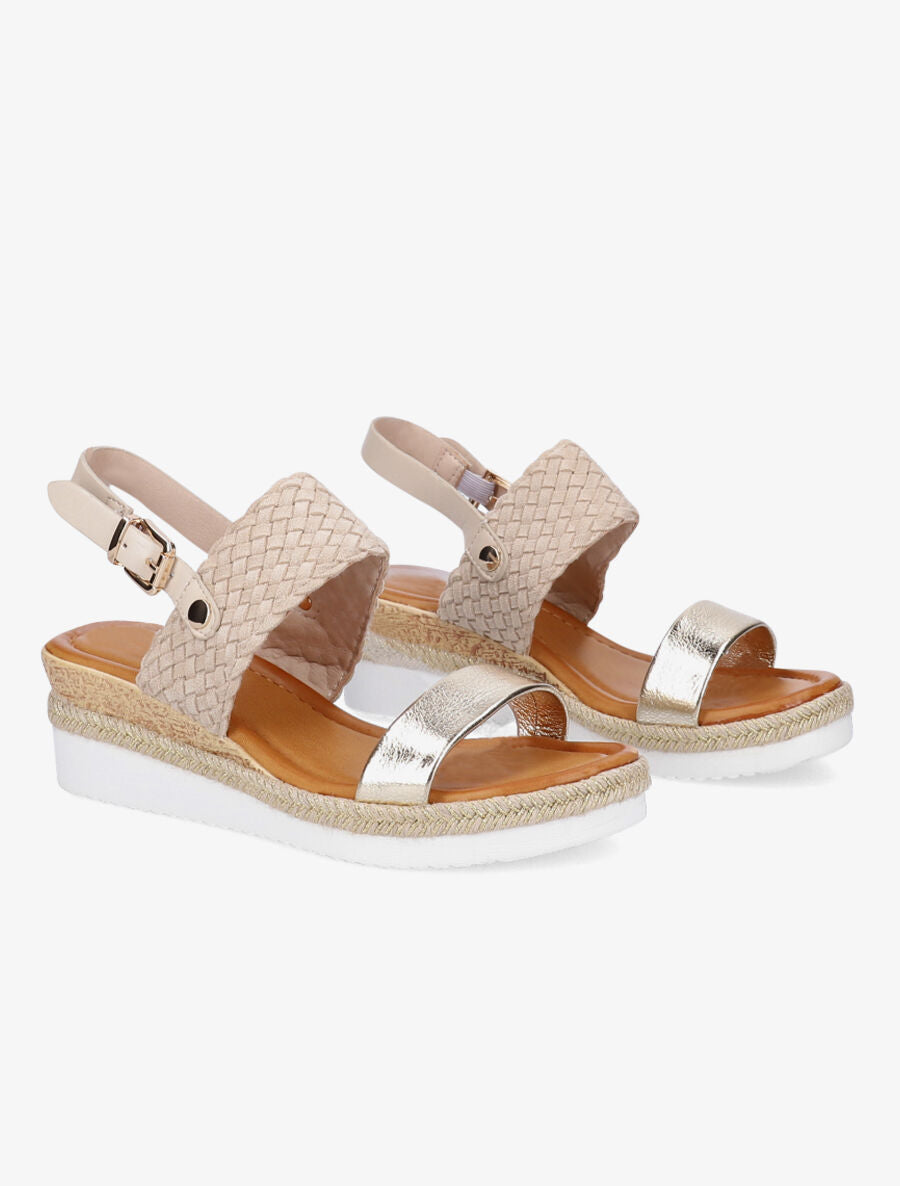 Sandales compensées à bride style osier et irisé - Beige - 4
