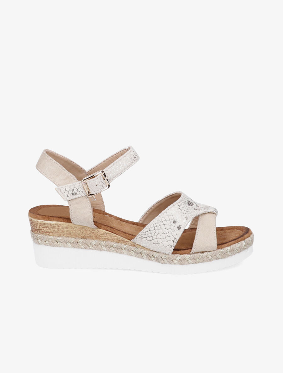 Sandales compensées à bride effet python irisé - Beige - 1