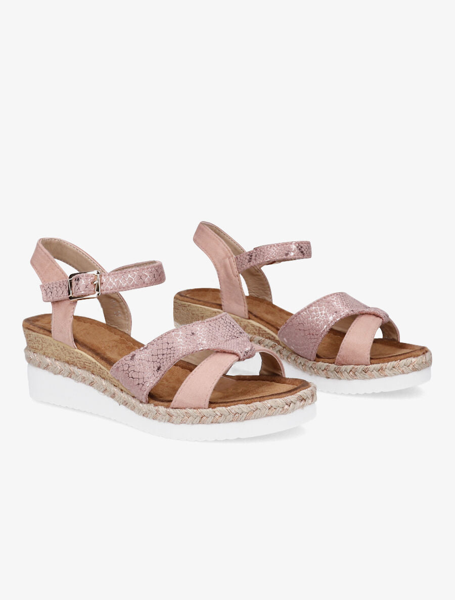 Sandales compensées à bride effet python irisé - Rose - 4