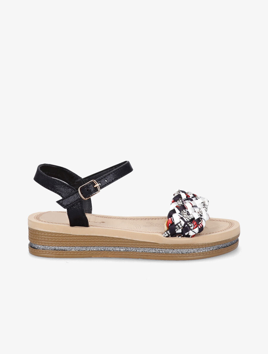 Nu-pieds tressés bi-matière à strass - Noir - 2