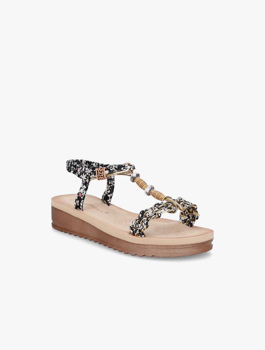 Nu-pieds fleuris à perles - Noir - 1