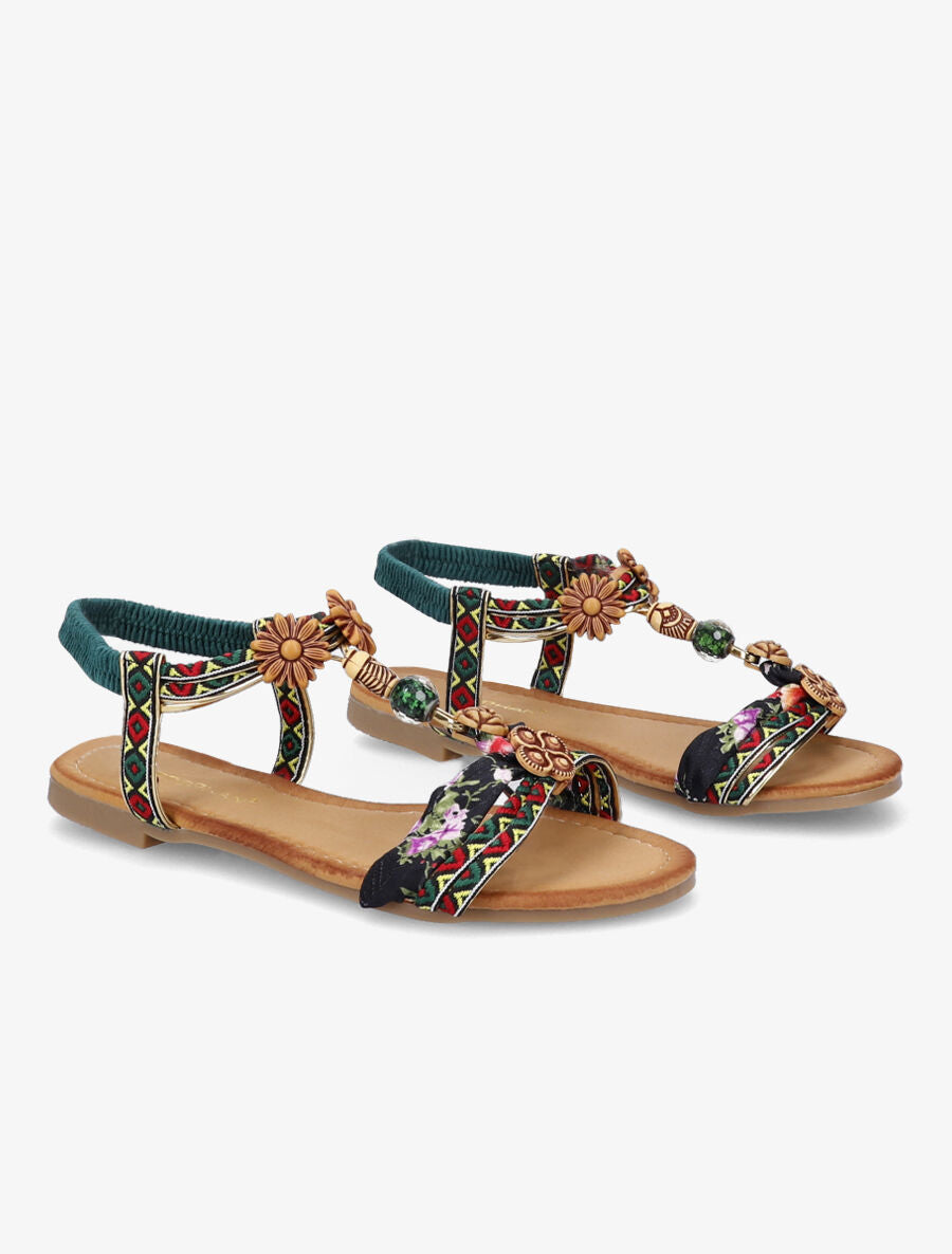Nu-pieds à imprimé aztèque et perles - Vert - 5