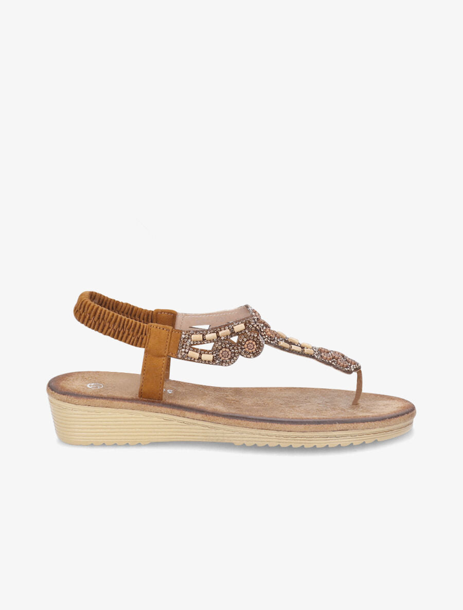 Sandales compensées ornées de perles et strass - Camel - 1