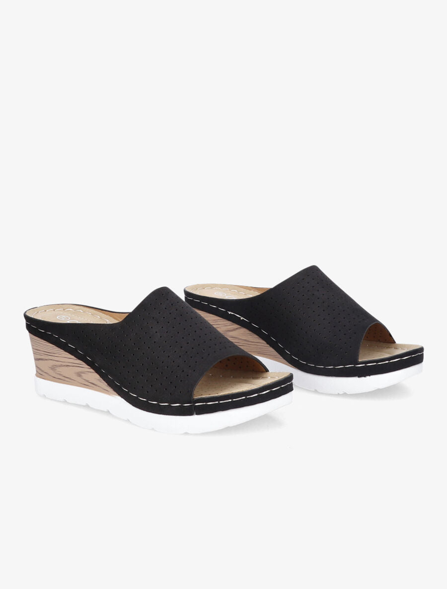 Mules en suédine à semelle effet bois - Noir - 4