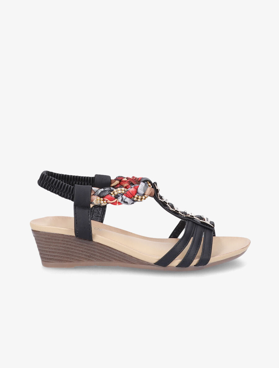 Sandales imprimées ornées de bijoux dorés et strass - Noir - 1