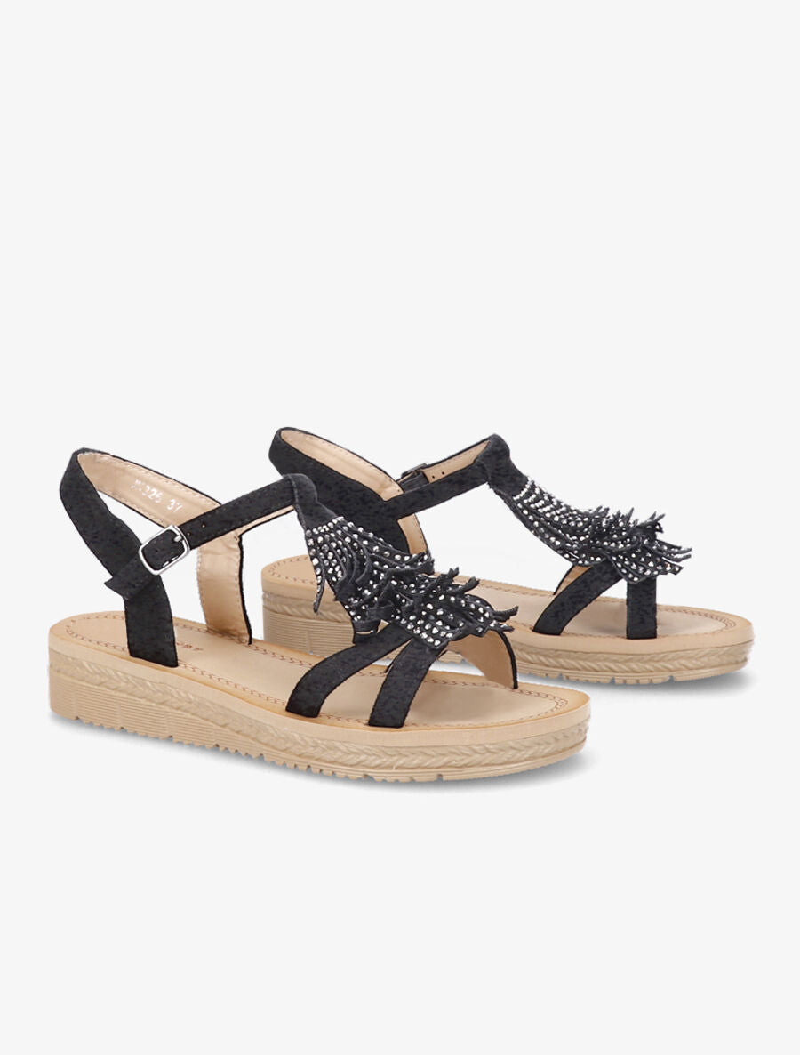 Nu-pieds en suédine à franges et strass - Noir - 4