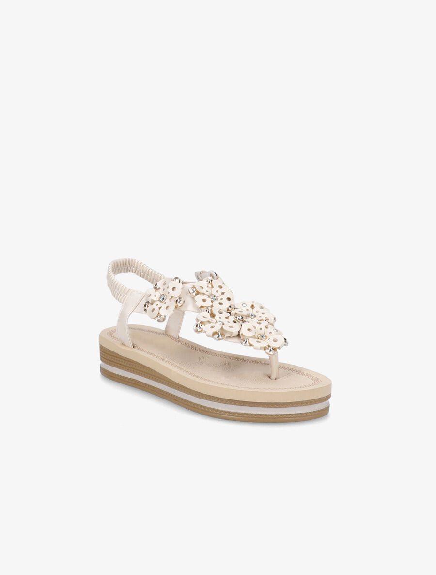 Nu-pieds à fleurs ornées de strass - Beige - 2