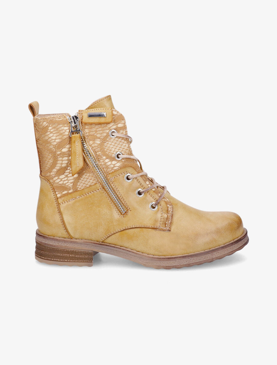 Bottines lacées à empiècements en dentelle - Moutarde - 1