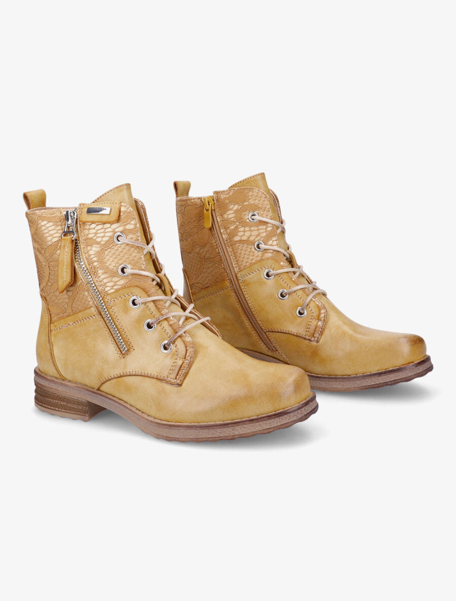 Bottines lacées à empiècements en dentelle - Moutarde - 4