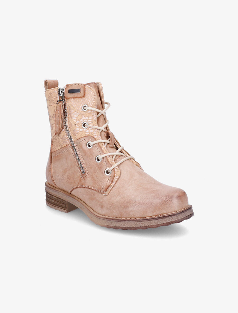 Bottines lacées à empiècements en dentelle - Camel - 2
