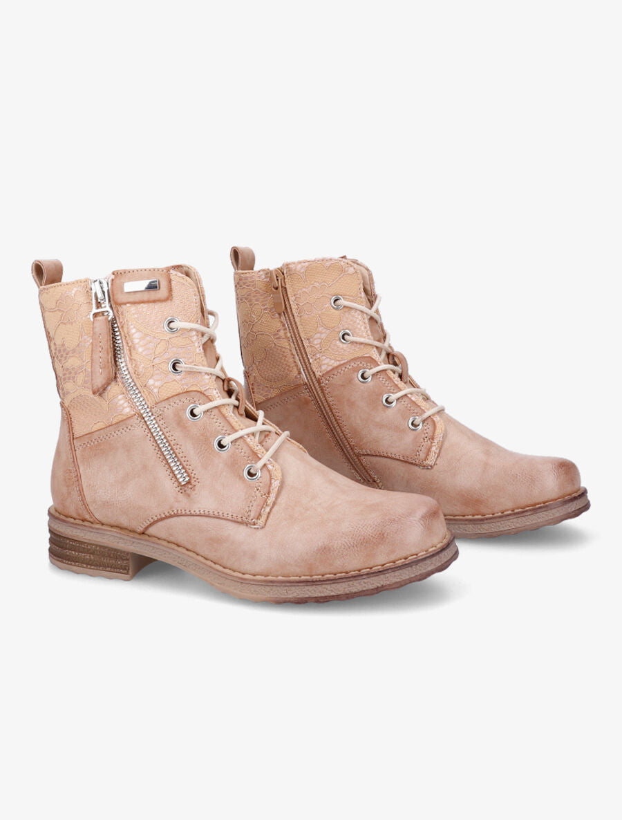Bottines lacées à empiècements en dentelle - Camel - 4
