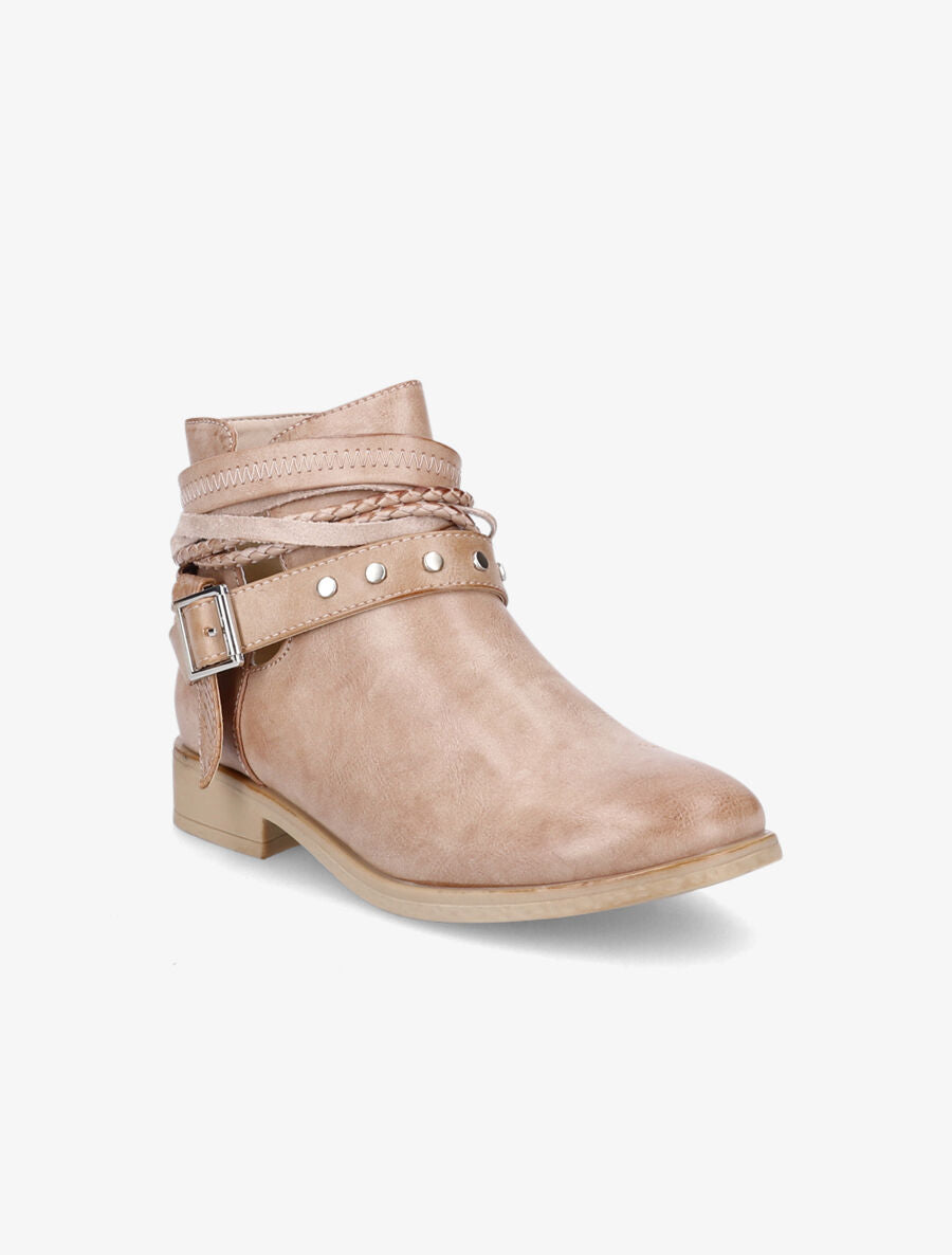 Bottines à sangles cloutées et tressées - Camel - 2