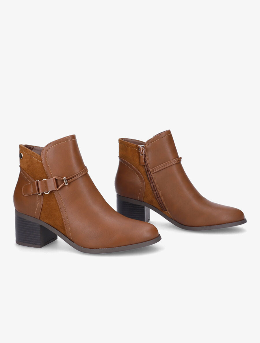 Bottines bi-matière à sangle stylisée - Camel - 4