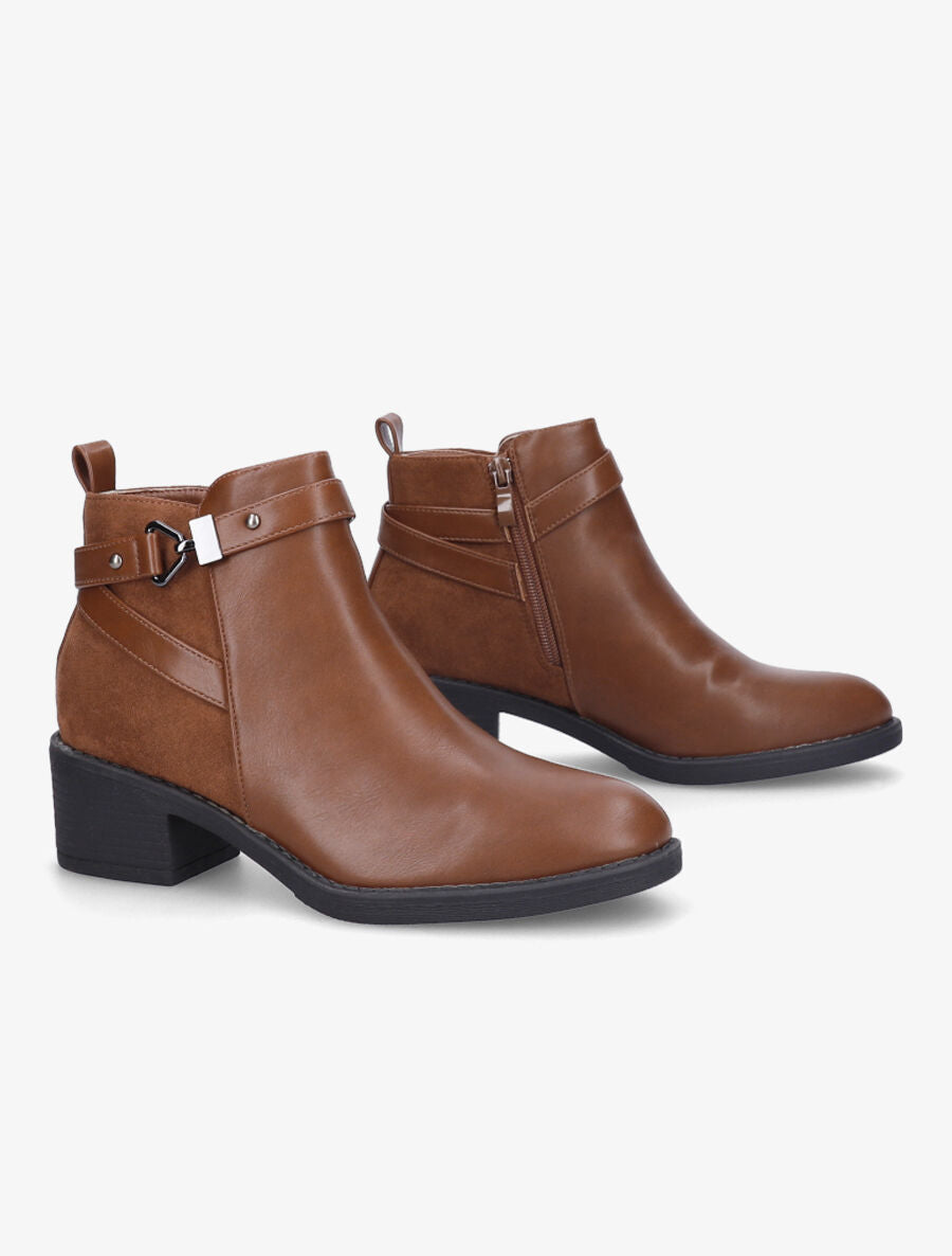 Bottines bimatière à sangle stylisée - Camel - 4