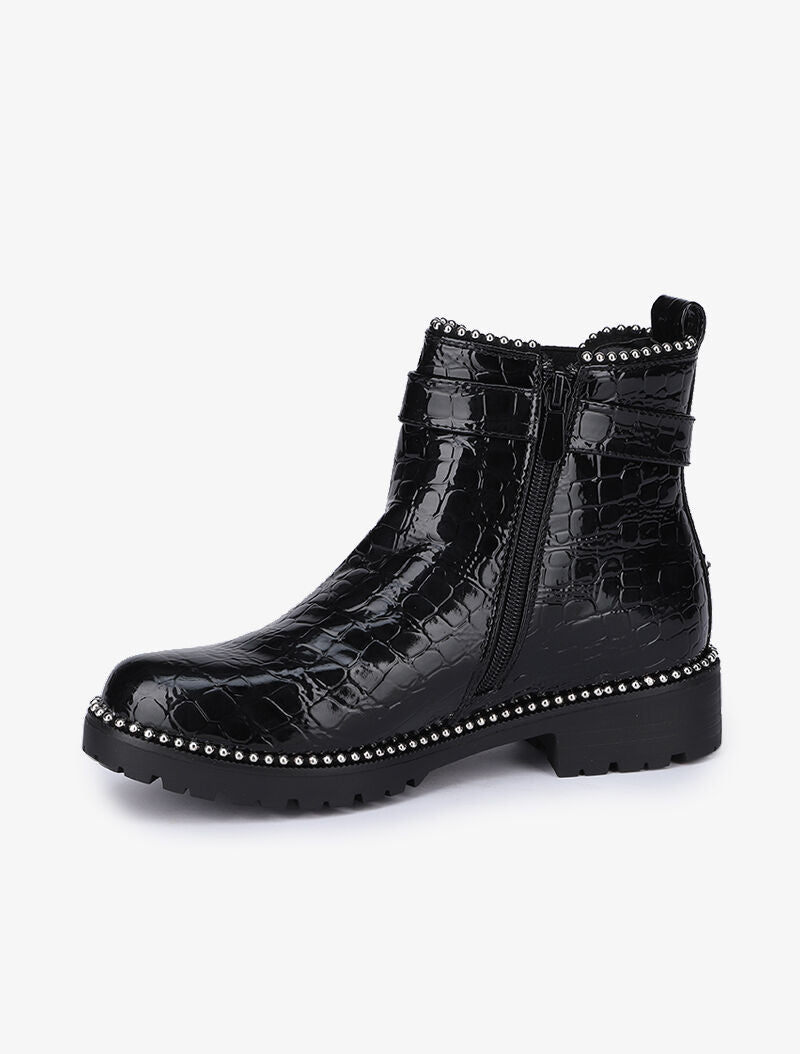 Bottines vernies effet croco à clous argentés - Noir - 4