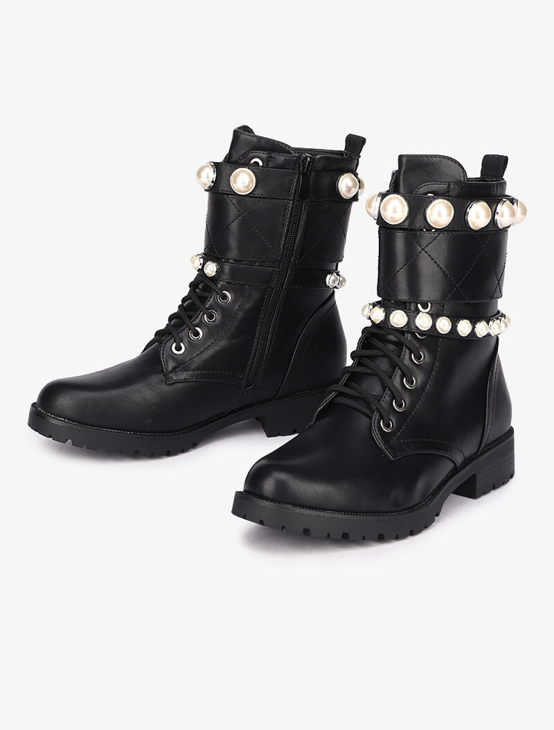 Bottines en simili à brides perlées - Noir - 5