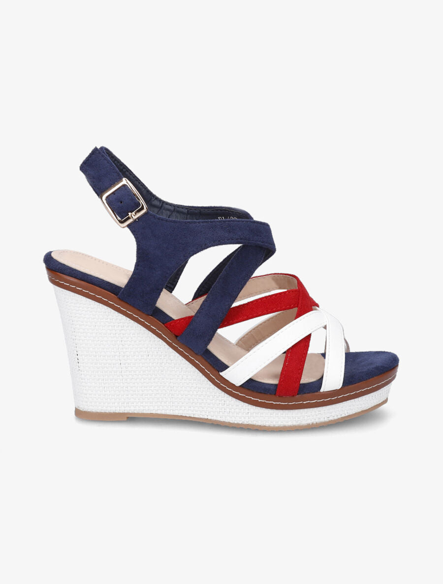 Sandales compensées en suédine et simili - Marine - 7