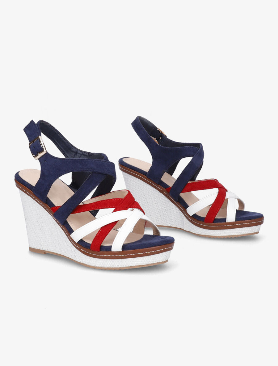 Sandales compensées en suédine et simili - Marine - 5