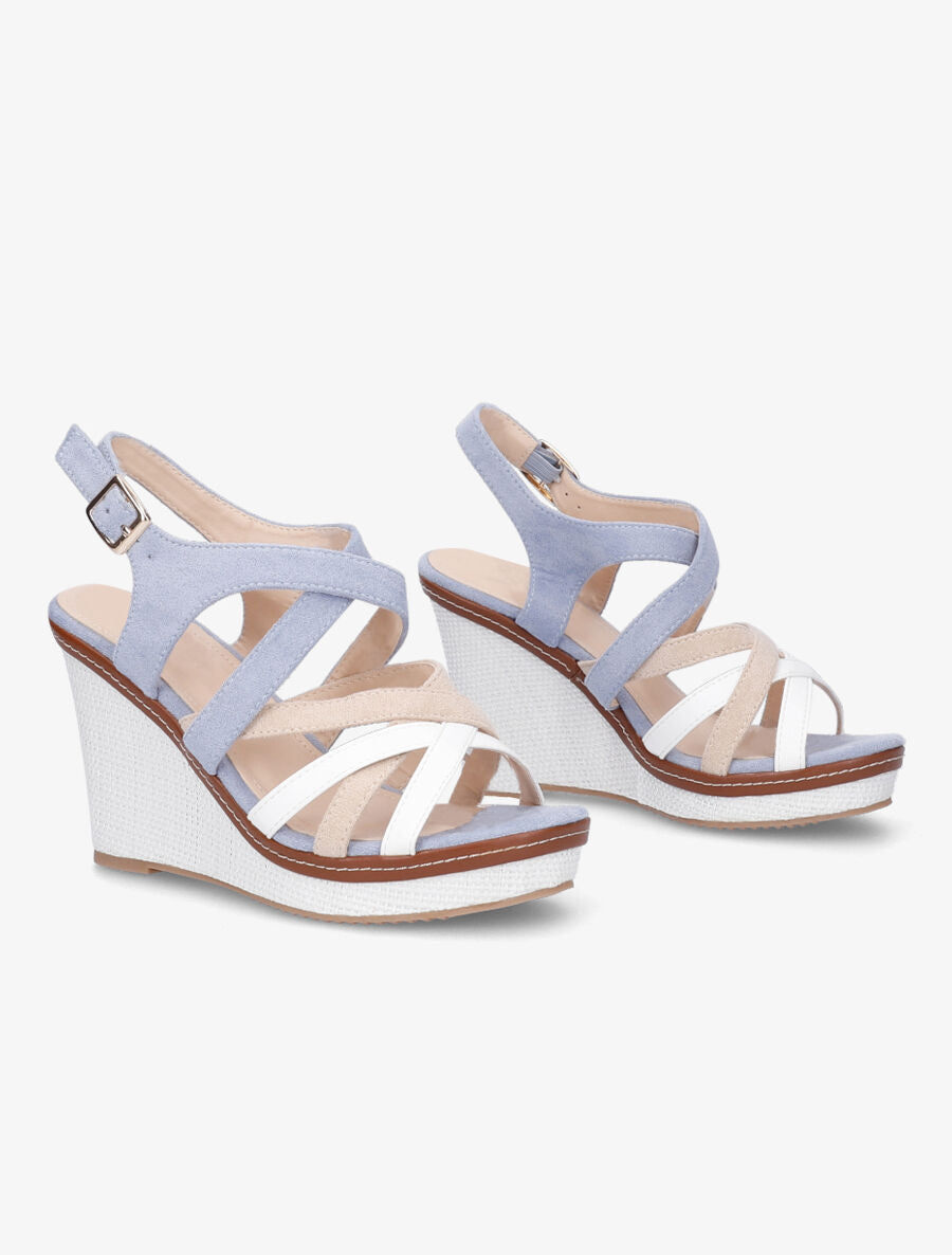 Sandales compensées en suédine et simili - Bleu ciel - 4