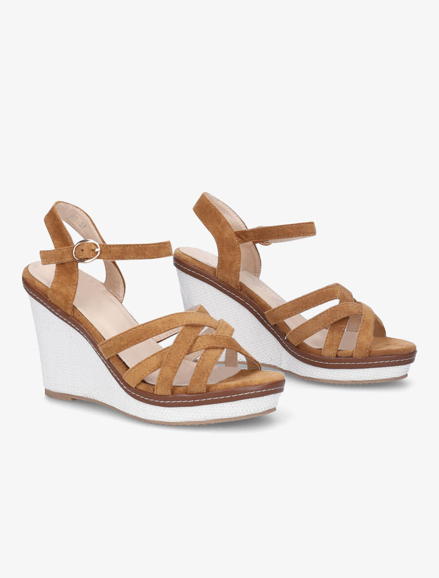 Sandales compensées brides entrelacées en suédine - Camel - 4
