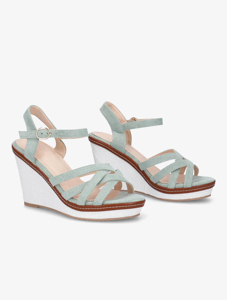 Sandales compensées brides entrelacées en suédine - Vert d&