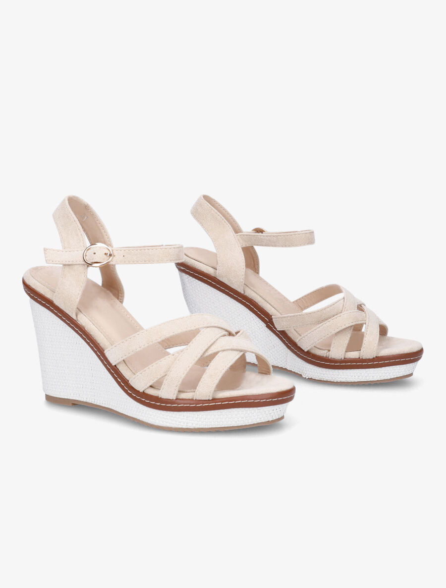 Sandales compensées brides entrelacées en suédine - Beige - 4