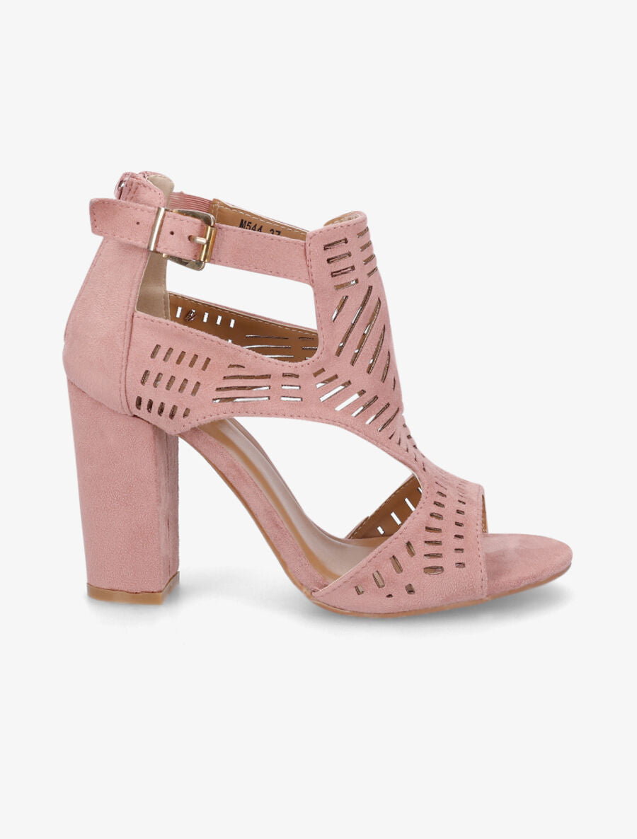 Sandales ajourées à talon haut en suédine - Rose - 1