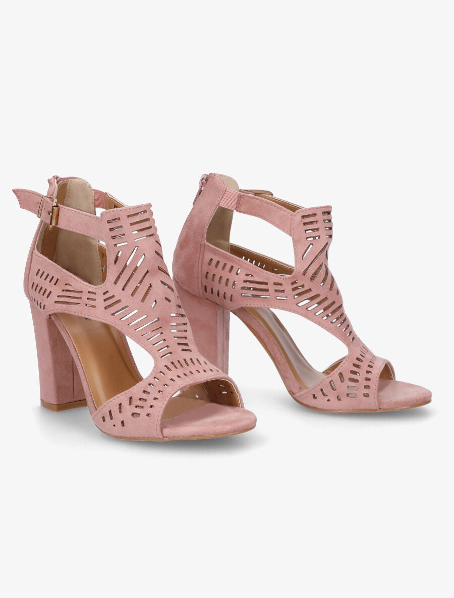 Sandales ajourées à talon haut en suédine - Rose - 4
