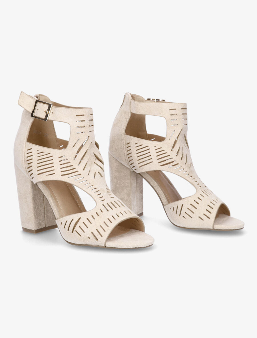 Sandales ajourées à talon haut en suédine - Beige - 4