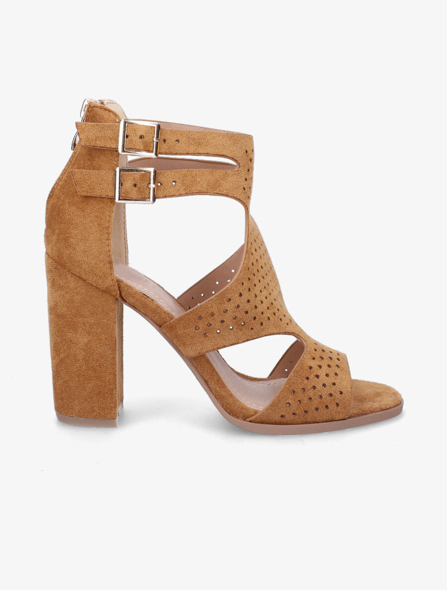 Sandales à talon haut en suédine perforée - Camel - 1