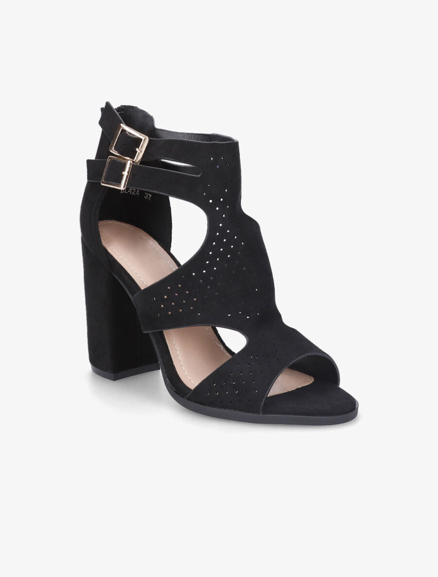 Sandales à talon haut en suédine perforée - Noir - 2