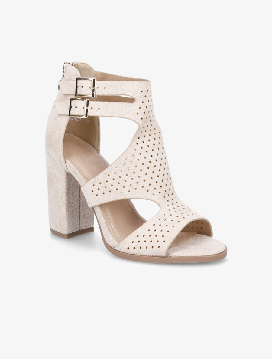 Sandales à talon haut en suédine perforée - Beige - 2