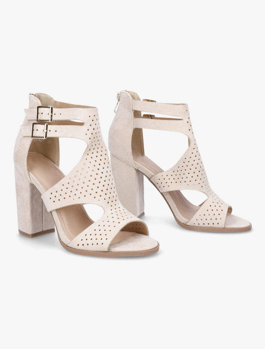 Sandales à talon haut en suédine perforée - Beige - 4