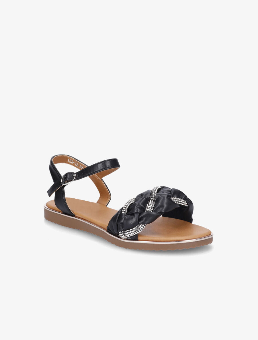 Nu-pieds en simili à bride tressée ornée de strass - Noir - 2
