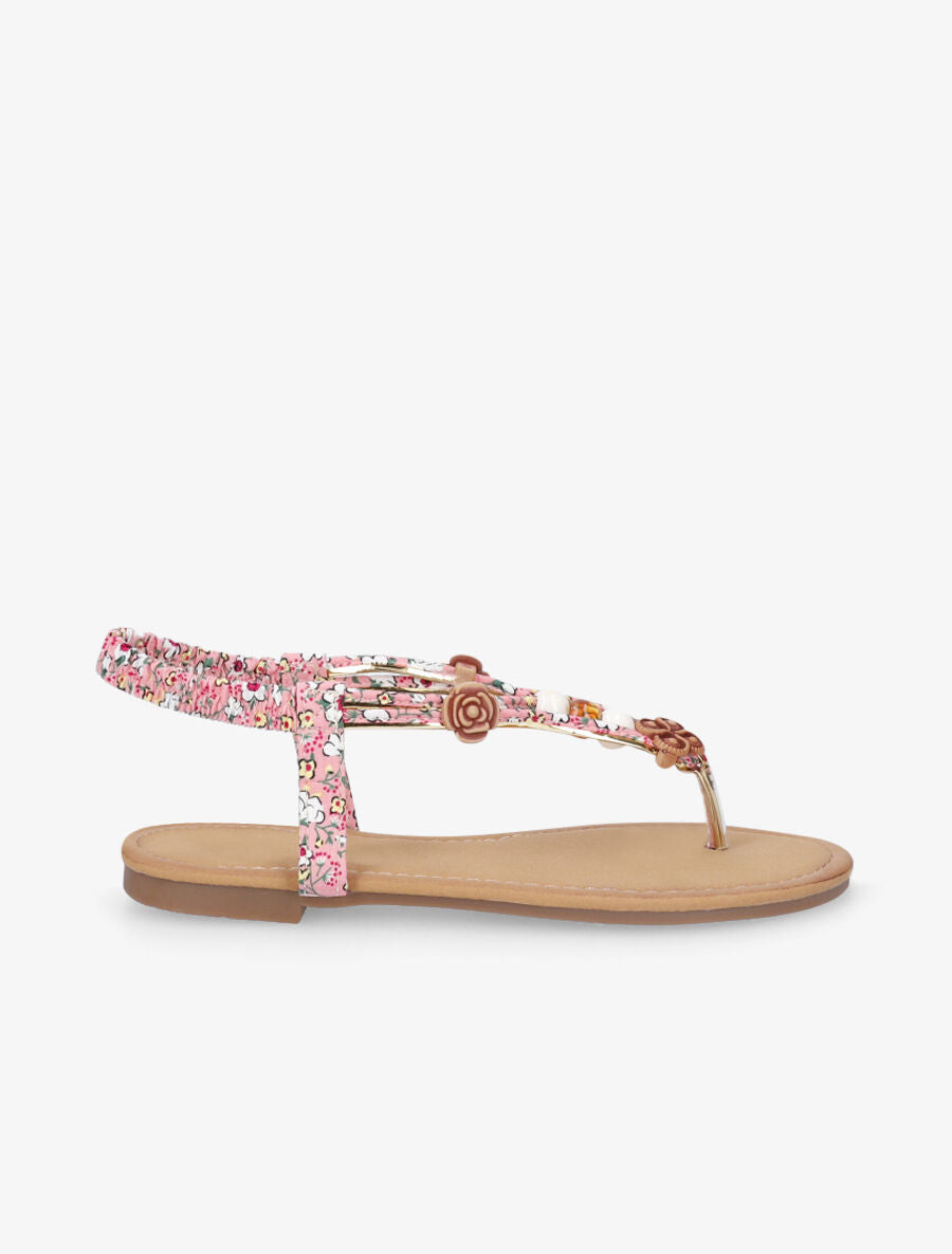 Nu-pieds imprimés à empiècements bois et perles - Rose - 1