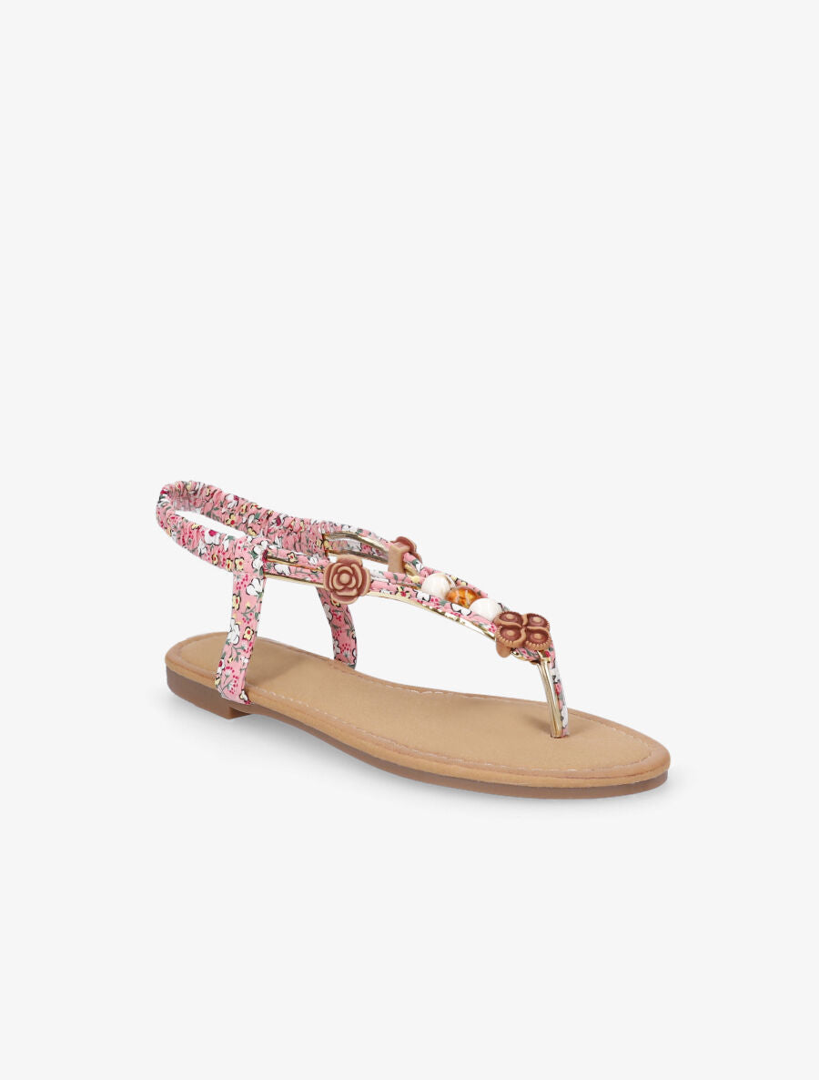 Nu-pieds imprimés à empiècements bois et perles - Rose - 2