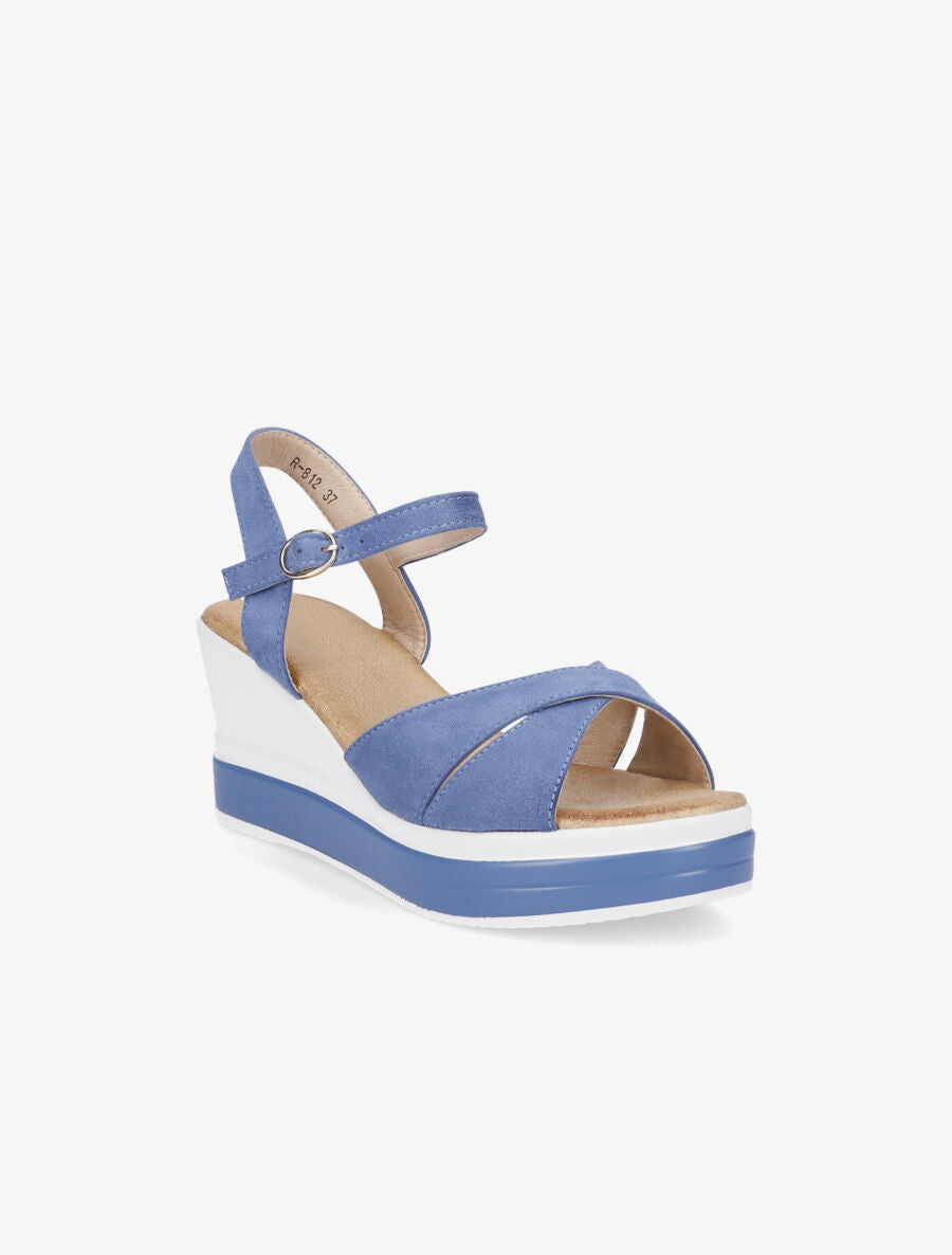 Sandales compensées en suédine à ganses croisées - Bleu - 2