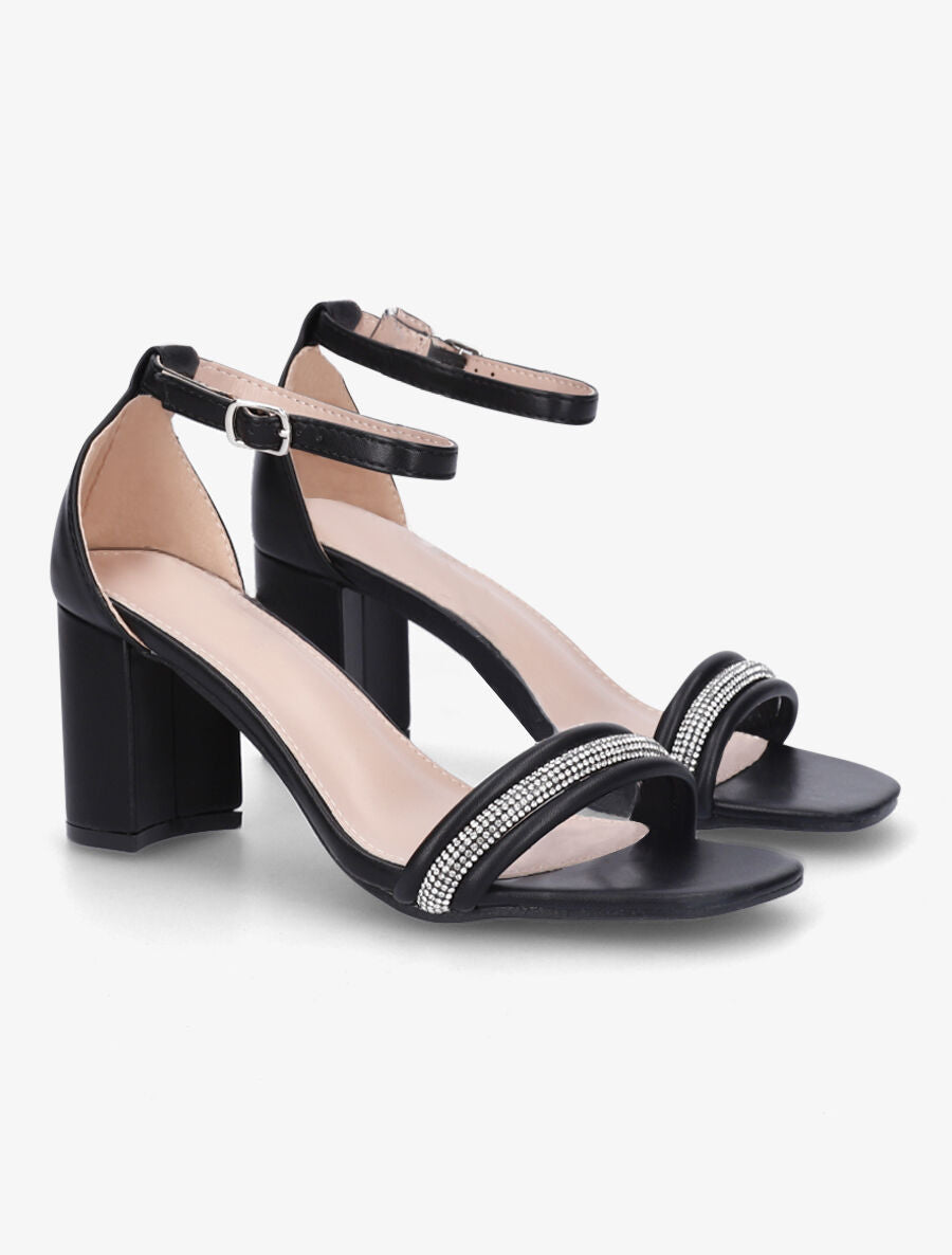 Sandales en simili à talon et brides avec strass - Noir - 4