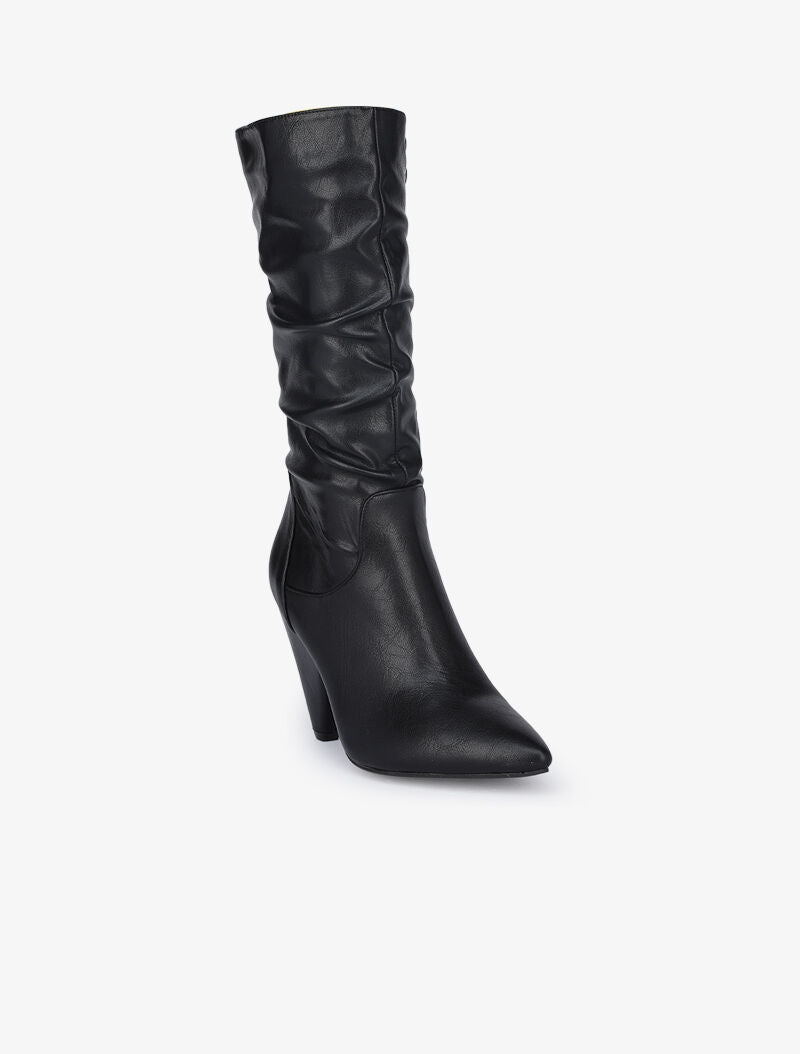 Bottes plissées en simili à talons triangle - Noir - 2