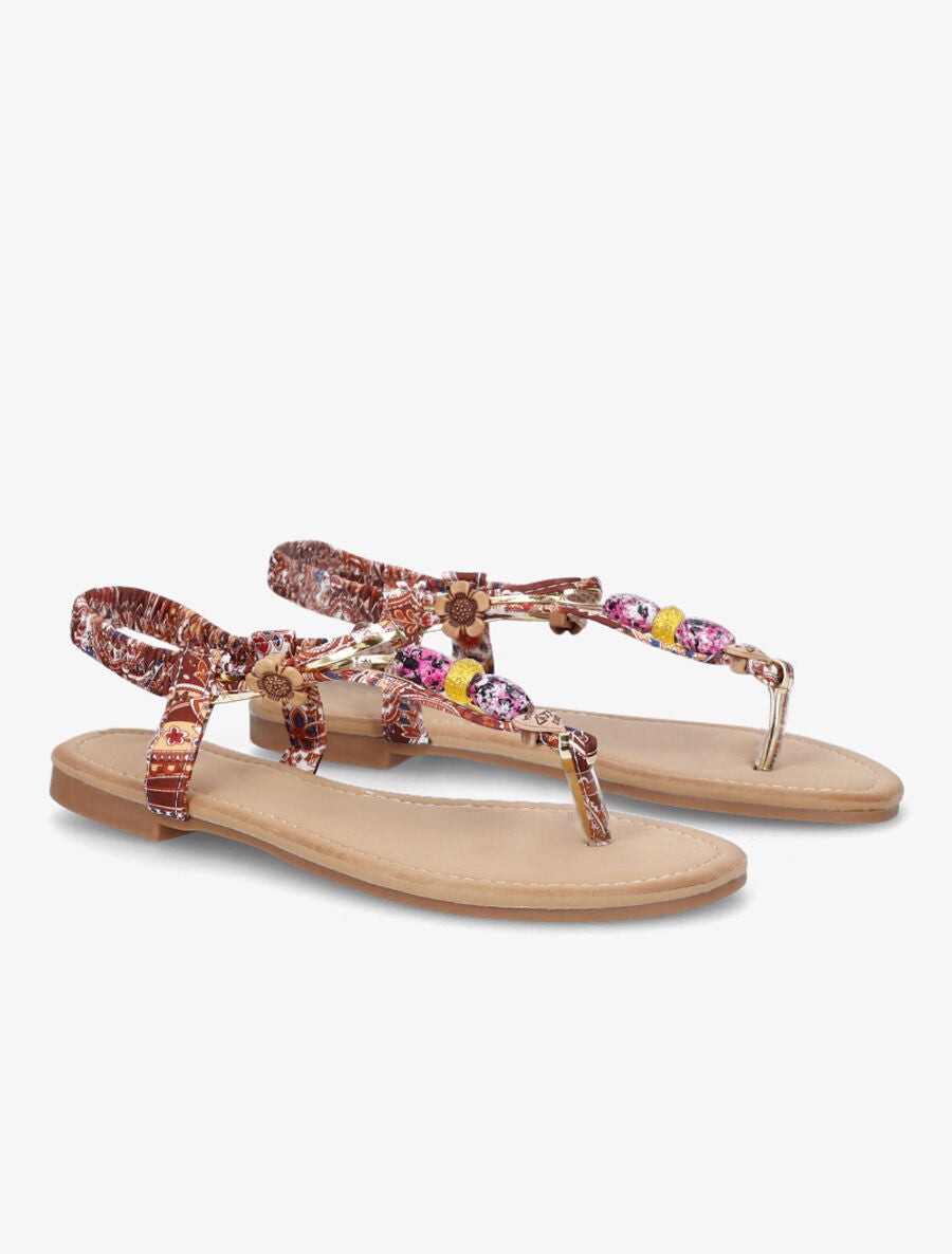 Nu-pieds fleuri à perles - Camel - 4