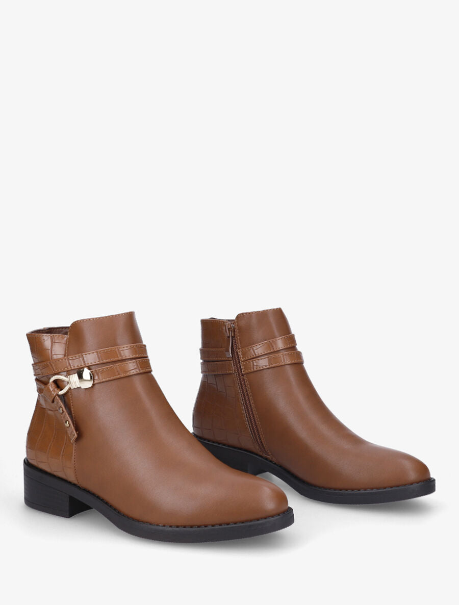 Bottines plates croco à boucle fantaisie - Camel - 4