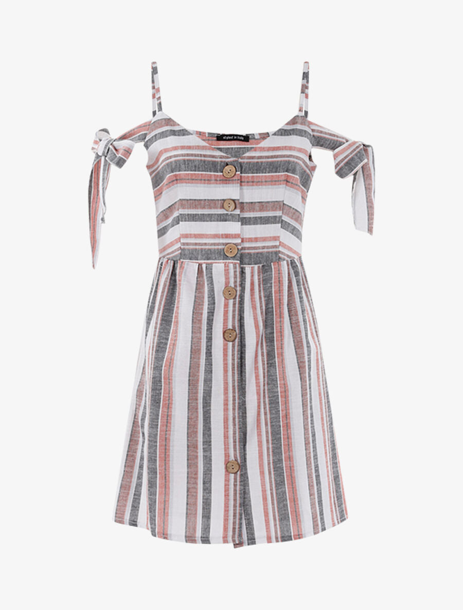 Robe en lin mélangé épaules à nouer - Rouge/noir/blanc - 1