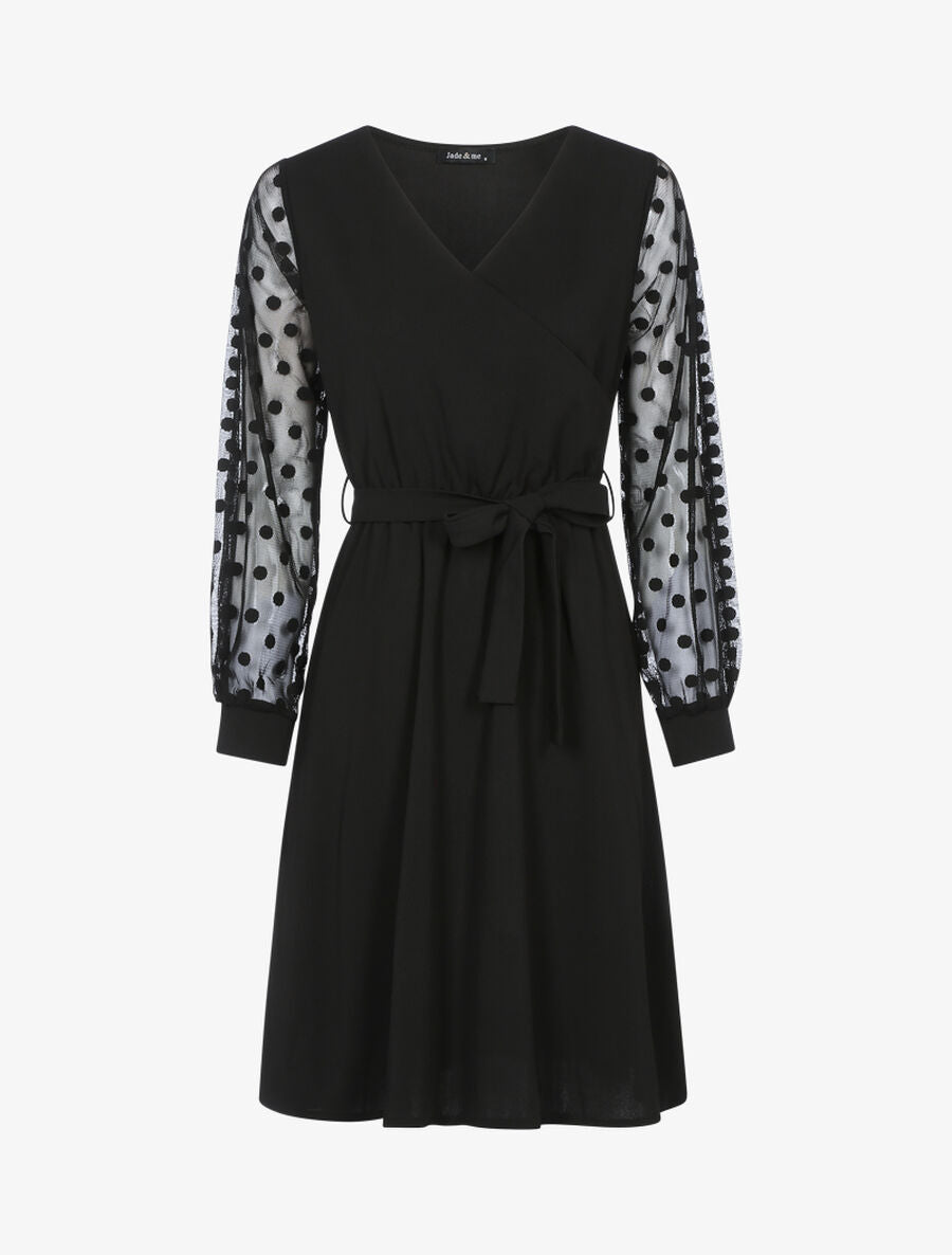 Robe fluide à manches transparentes à pois - Noir - 1