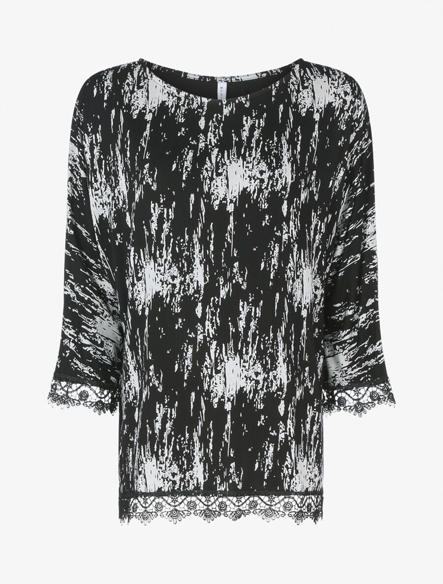 Top oversize à bords dentelle et imprimé graphique - Blanc/noir - 1