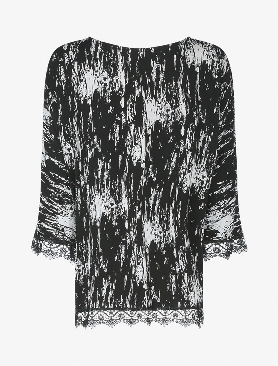 Top oversize à bords dentelle et imprimé graphique - Blanc/noir - 2