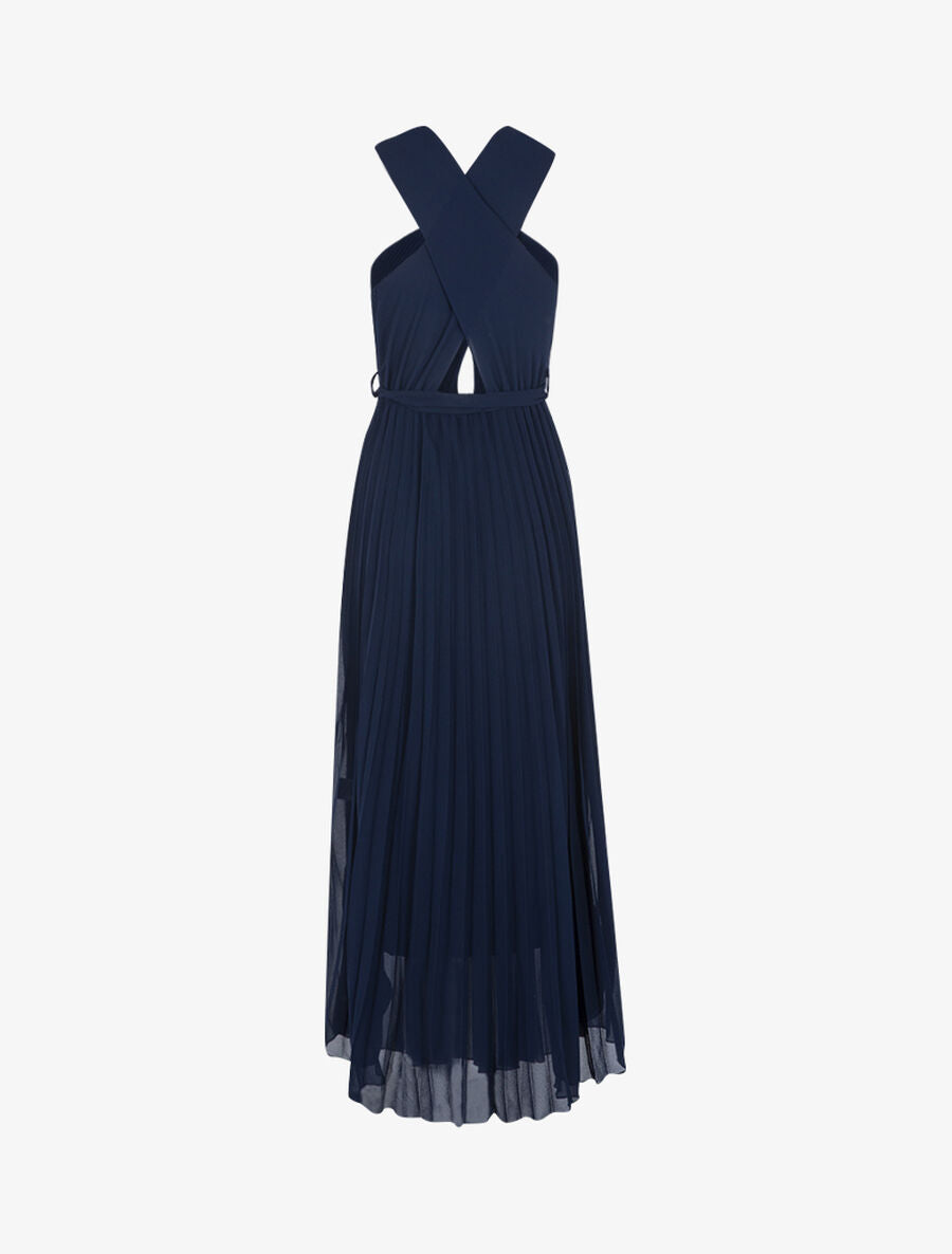 Robe longue gaufrée à bretelles croisées - Marine - 2