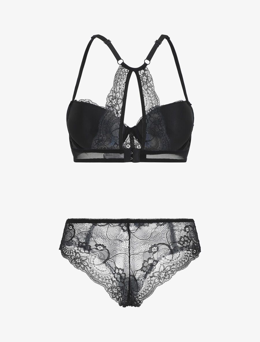 Ensemble push up en dentelle à motif floral - Noir - 3