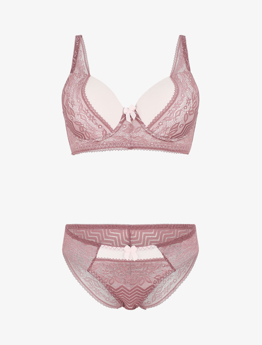 Ensemble push up en dentelle et noeud - Rose - 1