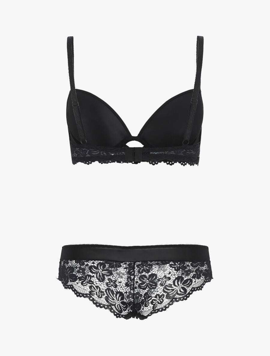 Ensemble push up en dentelle fleurie - Noir - 2
