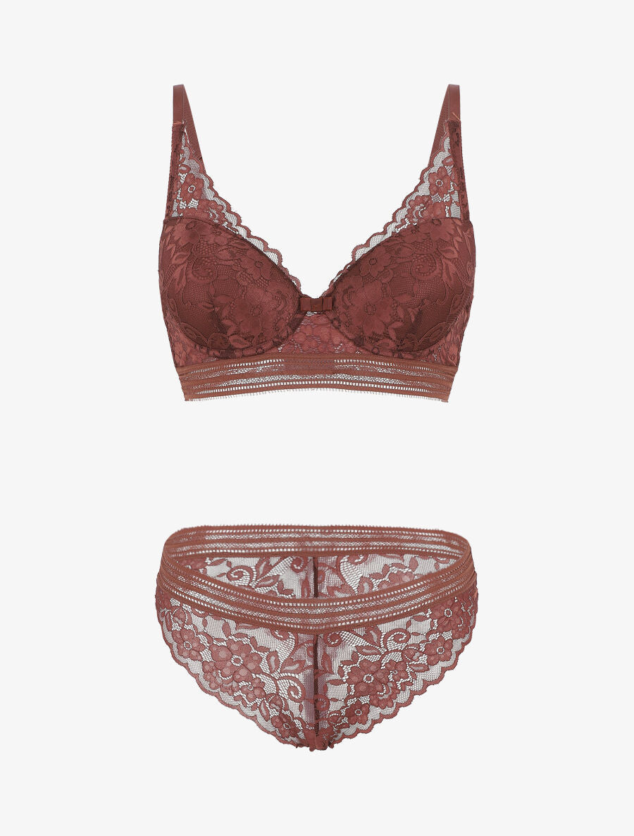 Ensemble emboitant en dentelle motif floral - Marron - 2